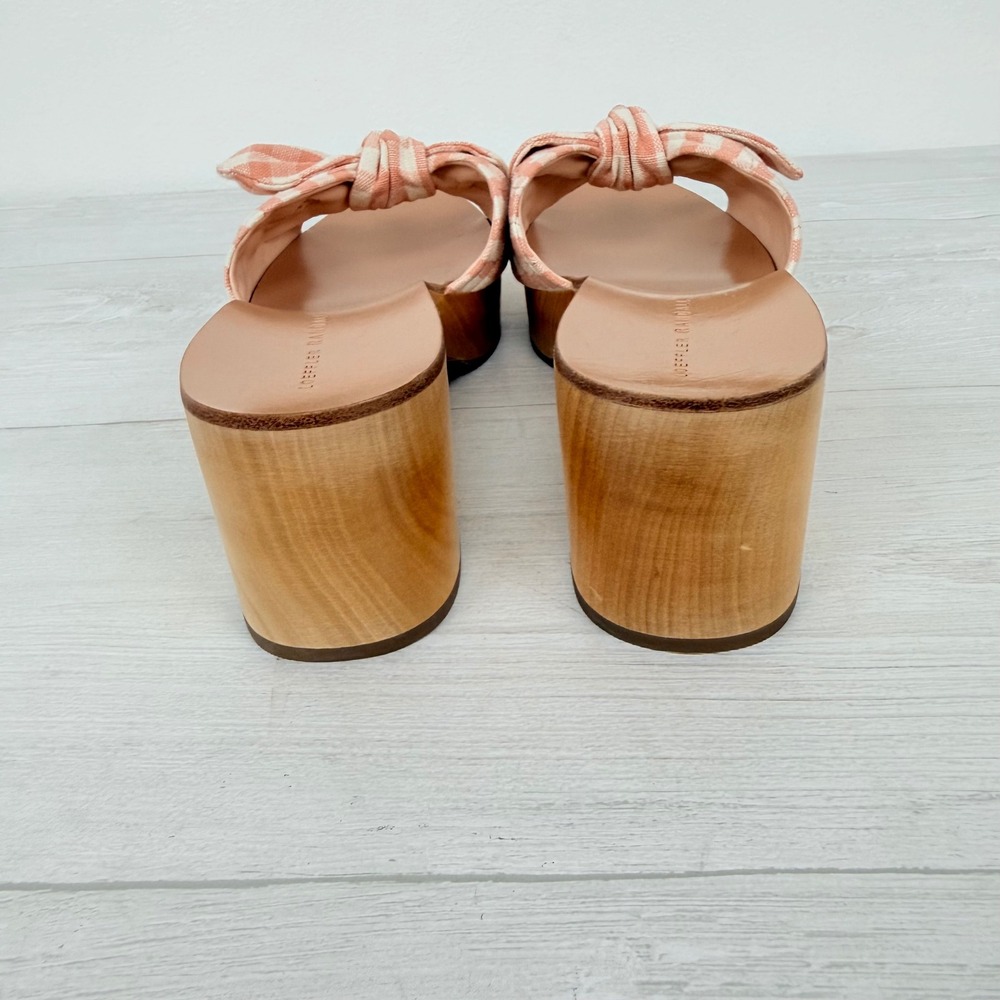 Anthropologie Loeffler Randall Clog Sandals Size 9 Pink Gingham Bow Wooden Heel - Picture 7 of 13